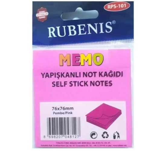 Rubenis Yapışkanlı Not Kağıdı 76x76 MM Fosforlu Pembe RPS-101