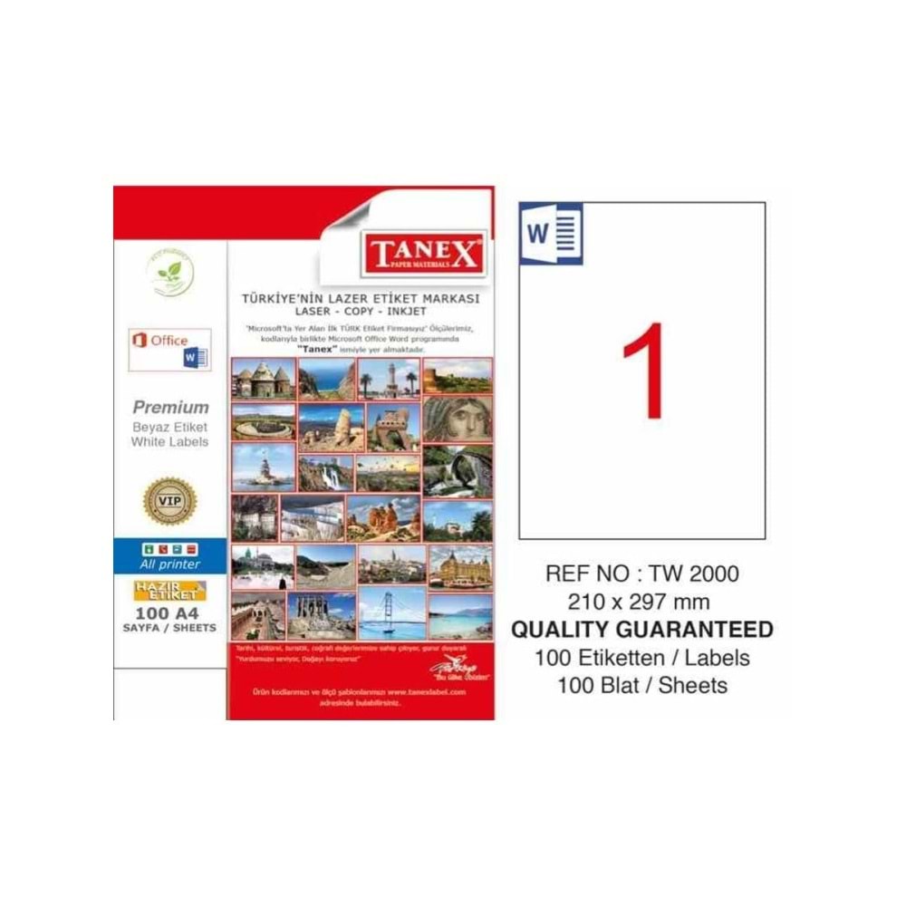 Tanex Laser Etiket 100 YP 210x297 Laser-Copy-Inkjet Fos.Pembe TW-2000