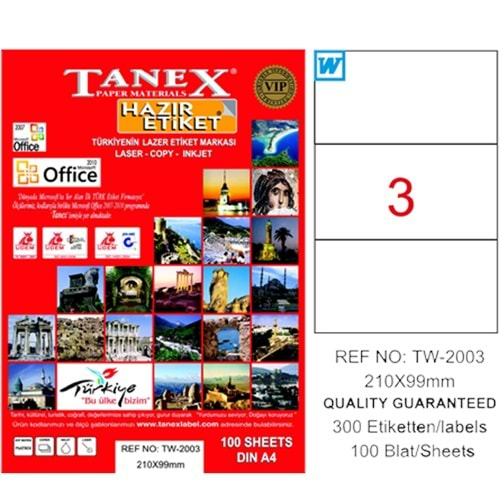 Tanex Lazer Etiket 100 YP 210x99 Laser-Copy-Inkjet TW-2003