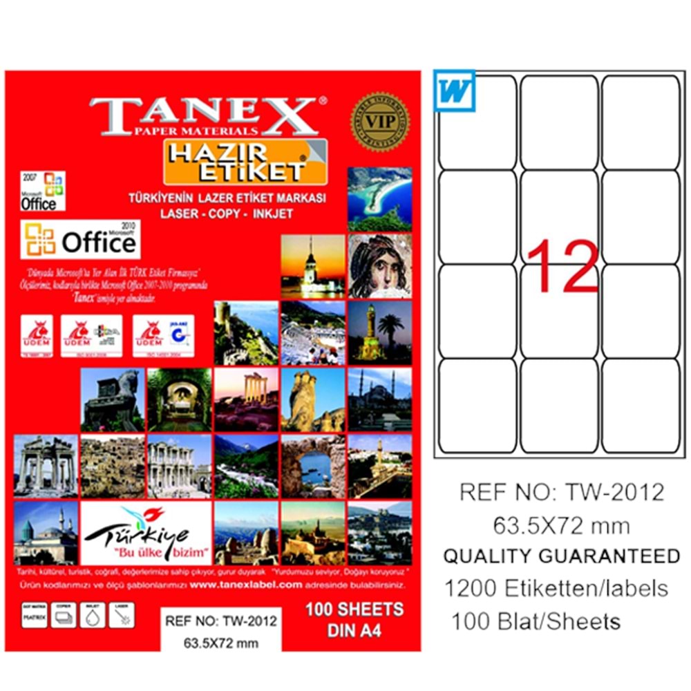 Tanex Lazer Etiket 100 YP 63x72 MM Laser-Copy-Inkjet TW-2012