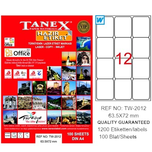 Tanex Lazer Etiket 100 YP 63x72 MM Laser-Copy-Inkjet TW-2012