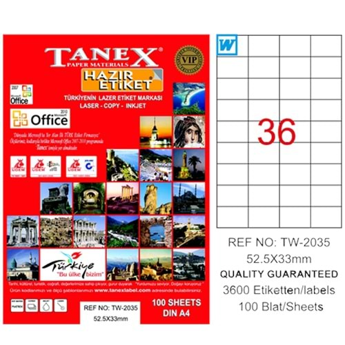 Tanex Lazer Etiket 100 YP 52.5x33 Laser-Copy-Inkjet TW-2035