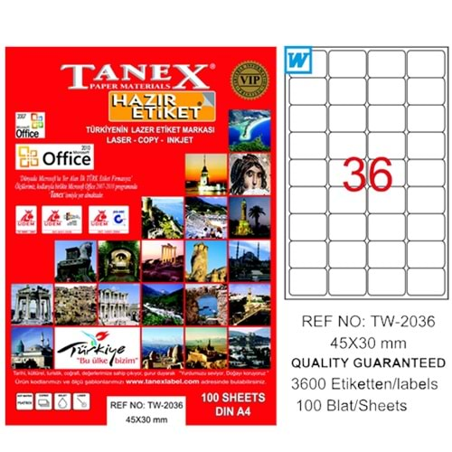 Tanex Lazer Etiket 100 YP 45x30 Laser-Copy-Inkjet TW-2036