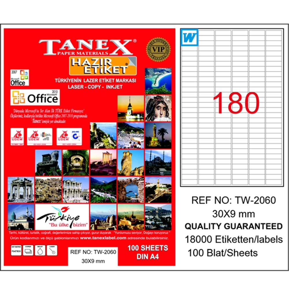 Tanex Laser Etiket 100 YP 30x9 Laser-Copy-Inkjet TW-2060