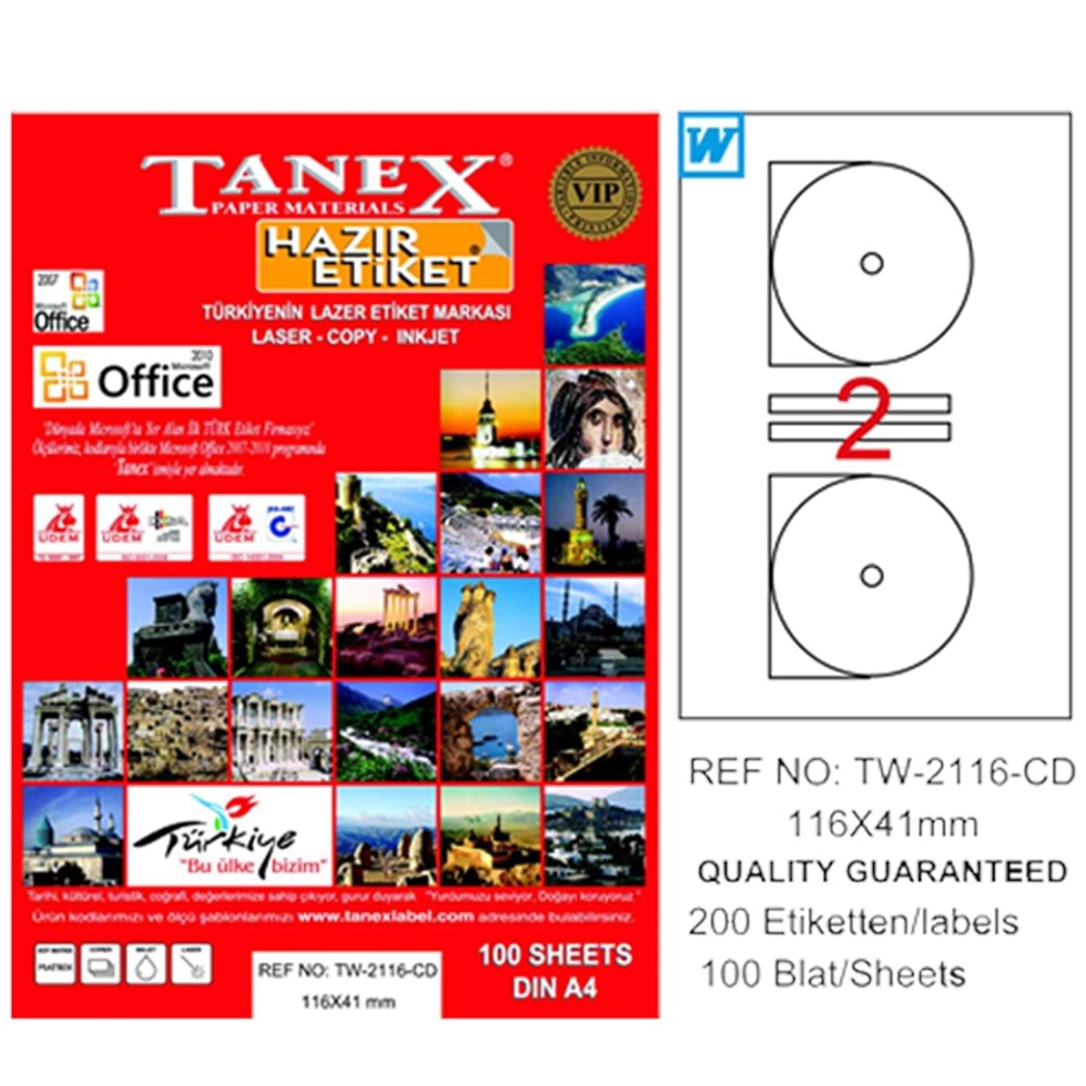 Tanex Cd Etiketi Laser-Copy-Inkjet 100 YP 116x41 MM TW-2116