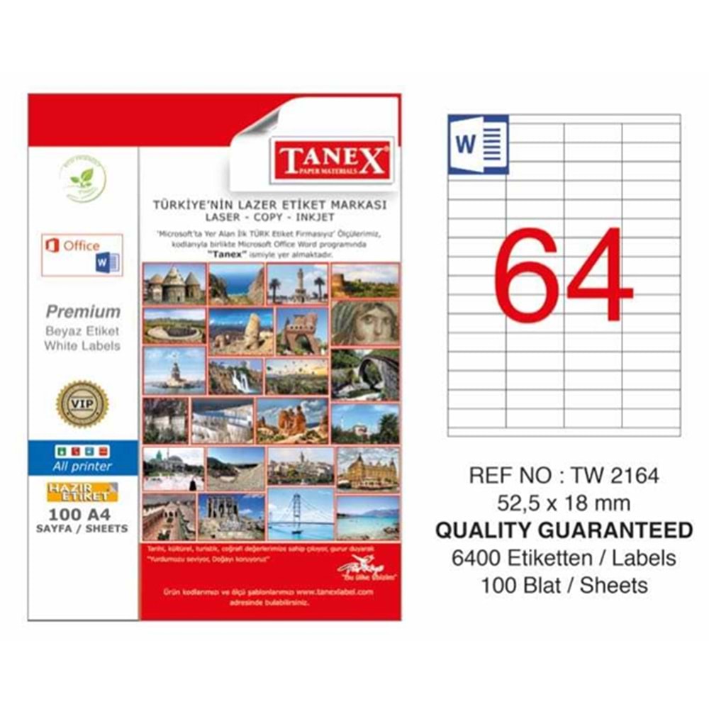 Tanex Laser Etiket 100 YP 52x18 Laser-Copy-Inkjet TW-2164