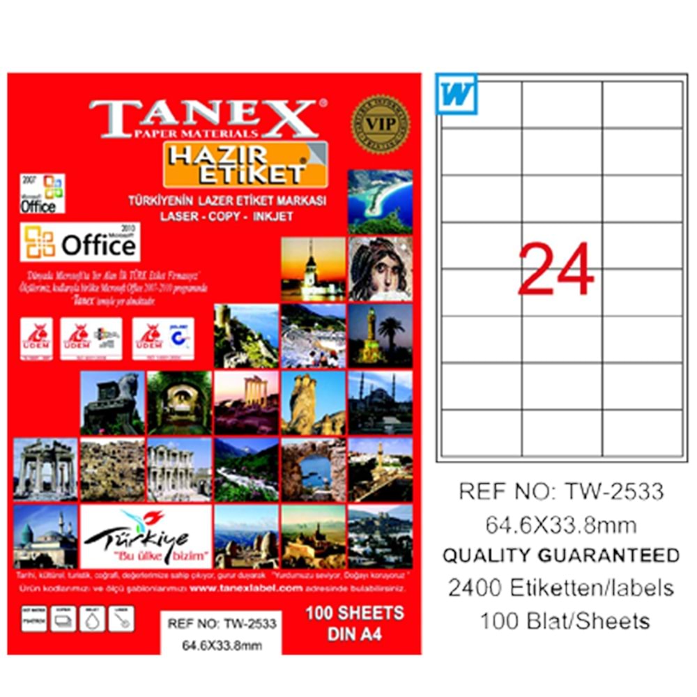 Tanex Laser Etiket 100 YP 64x33 MM Laser-Copy-Inkjet TW-2533