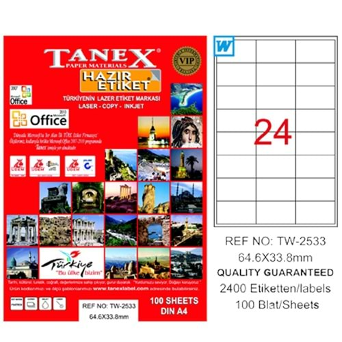 Tanex Lazer Etiket 100 YP 64x33 MM Laser-Copy-Inkjet TW-2533