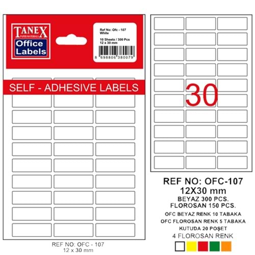 Tanex Ofis Etiketi Poşetli 12x30 MM Beyaz OFC-107 (1 Adet)