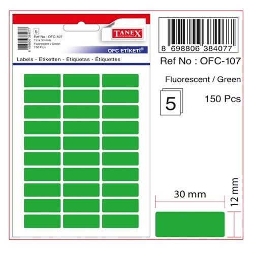 Tanex Ofis Etiketi Poşetli 12x30 mm Fosforlu Yeşil OFC-107 (1 Adet)
