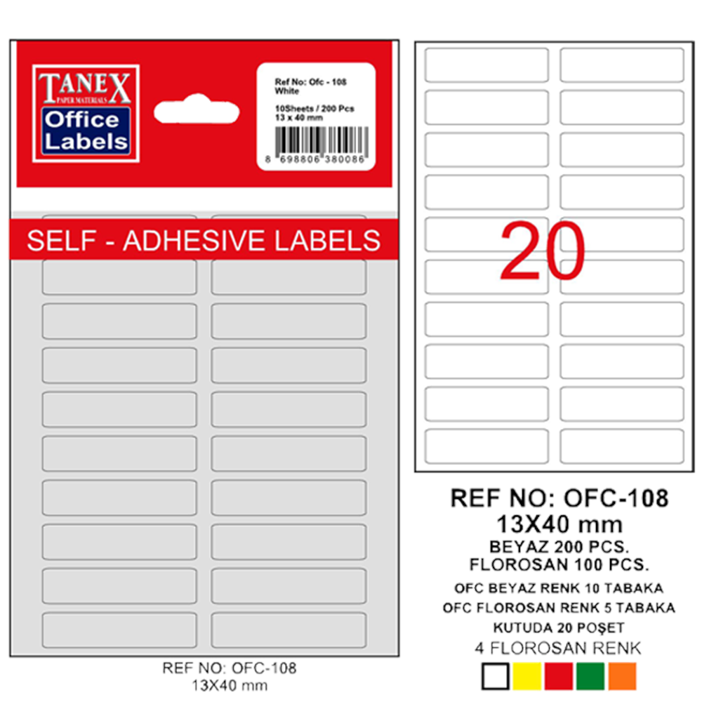 Tanex Ofis Etiketi Poşetli 13x40 MM Beyaz OFC-108 (1 Adet)