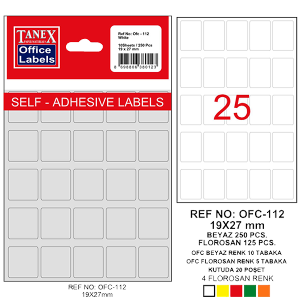 Tanex Ofis Etiketi Poşetli 19x27 MM Beyaz OFC-112 (1 Adet)