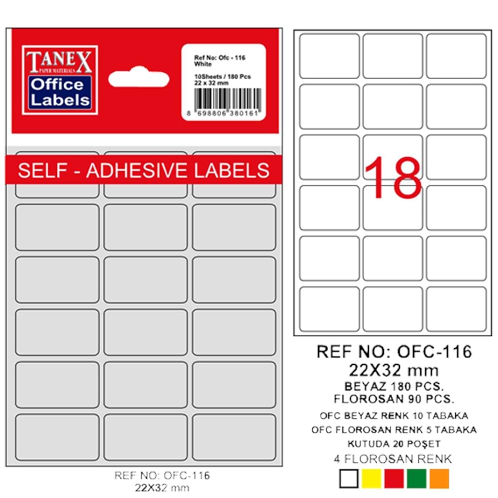 Tanex Ofis Etiketi Poşetli 22x32 MM Beyaz OFC-116 (1 Adet)