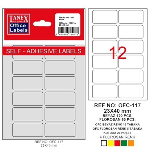 Tanex Ofis Etiketi Poşetli 23x40 MM Beyaz OFC-117 (1 Adet)