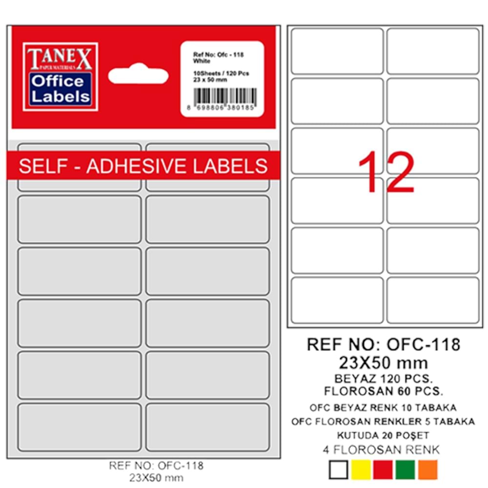 Tanex Ofis Etiketi Poşetli 23x50 MM Beyaz OFC-118 (1 Adet)