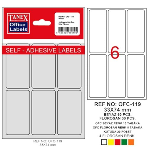 Tanex Ofis Etiketi Poşetli 33x74 MM Beyaz OFC-119