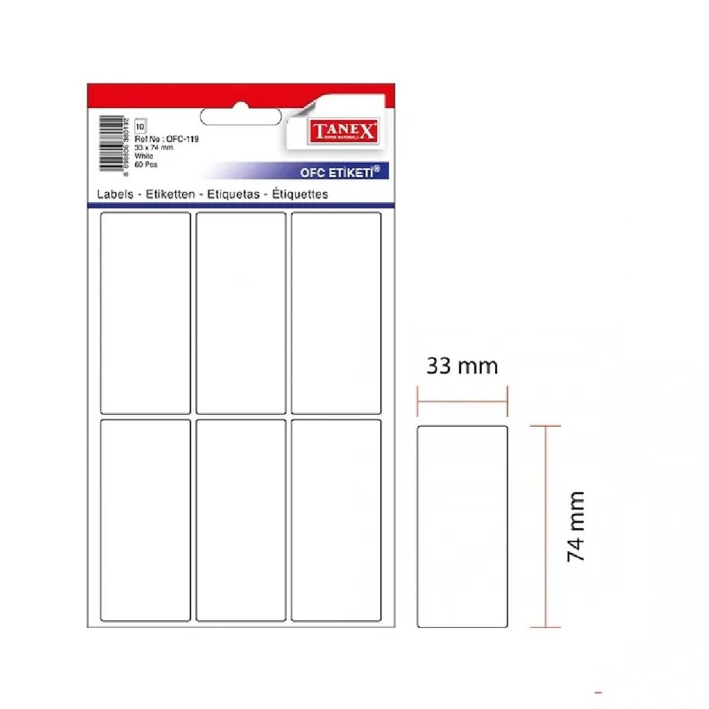Tanex Ofis Etiketi Poşetli 33x74 MM Beyaz 192 Li OFC-119 (1 Adet)