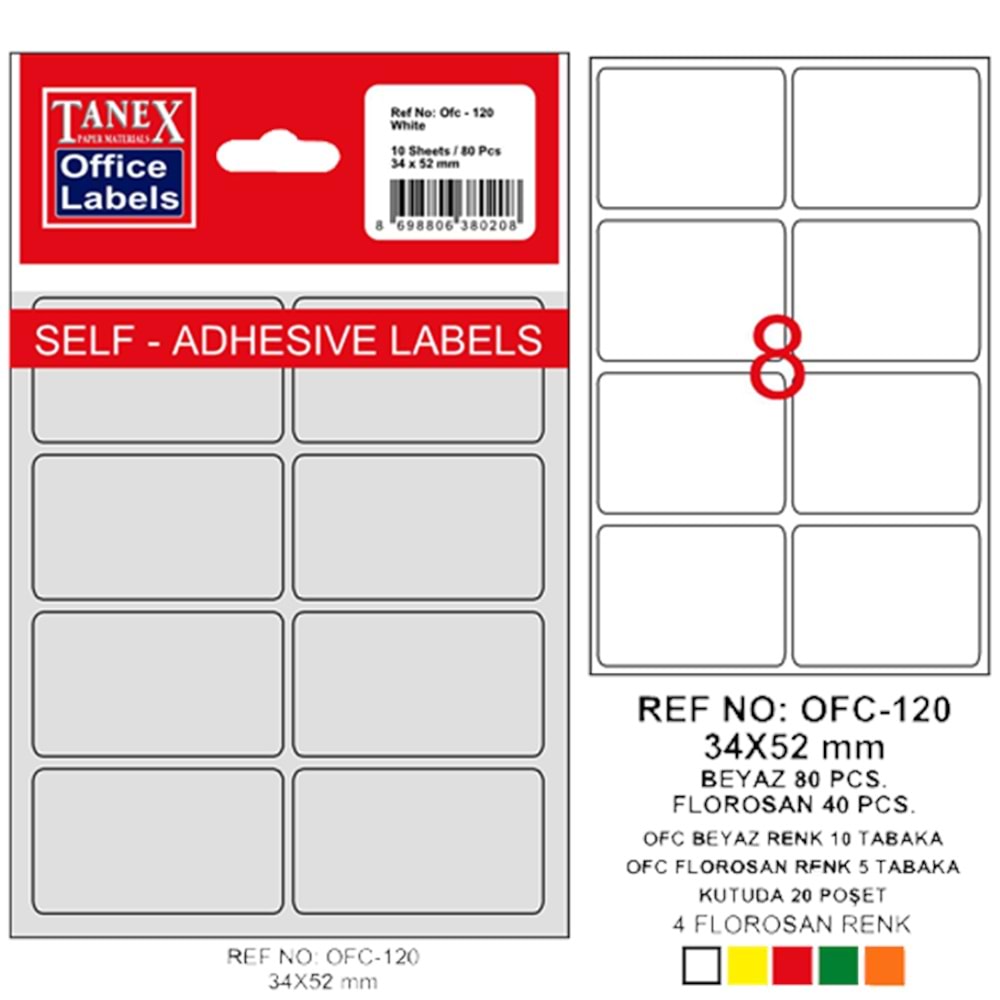 Tanex Ofis Etiketi Poşetli 34x55 MM Beyaz OFC-120 (1 Adet)