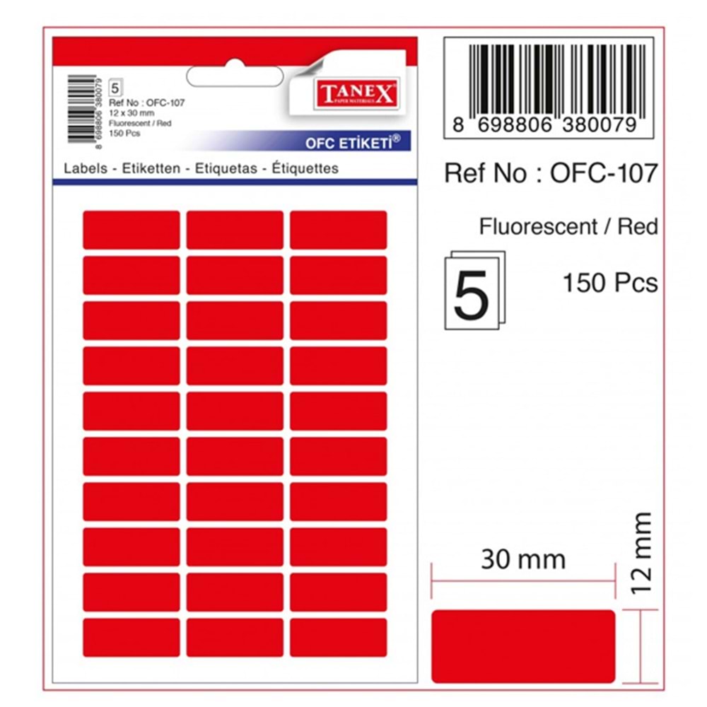 Tanex Ofis Etiketi Poşetli 12x30 MM Fosforlu Kırmızı OFC-107 (1 Adet)