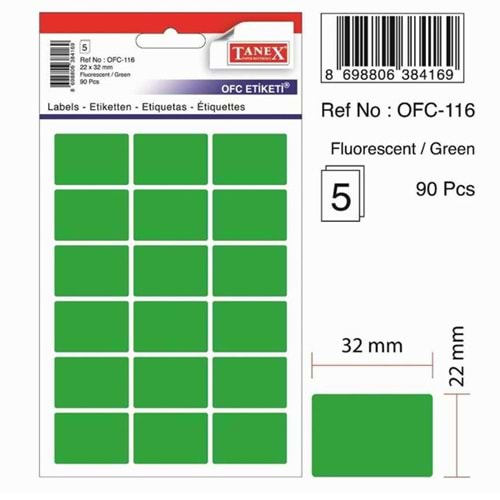 Tanex Ofis Etiketi Poşetli 22x32 MM Fosforlu Yeşil OFC-116