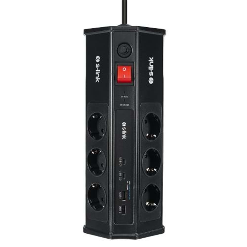 S-link PRZ03 PrizHive 3M 630 Joule 1.5mm 2 USB 2 TypeC 2.4A-5V 500V 6000V 6lı Akım Korumalı Priz