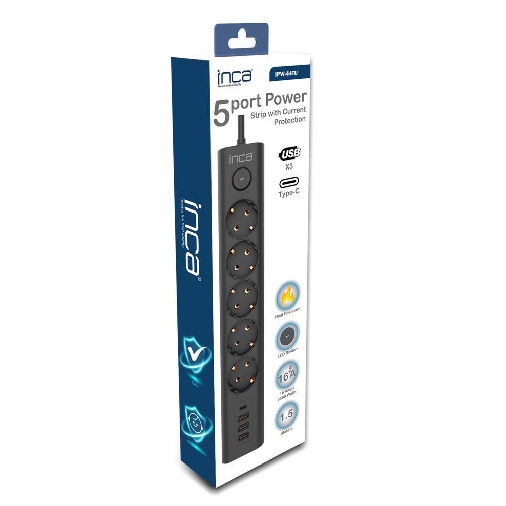 INCA IPW-44TU 5li 1,5mt Siyah 3Usb+Typ-C Akım Korumalı Led Tuşlu Priz