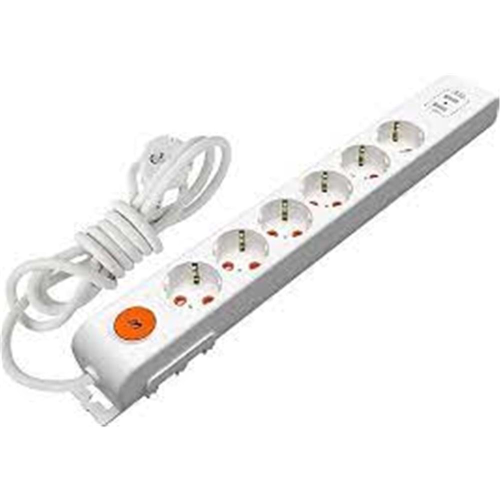 Mutlusan 6lı Anahtarlı Topraklı Grup Priz 2 Usb (Ç.K.)(3X1.5 1.5 Mt) (001 175 670002 15 00)