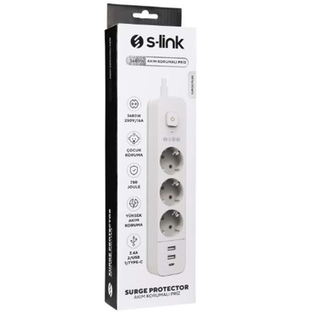 S-link SPG03TC 5V2.4A 1.5m 3x1.00mm 100 yüzde Bakır 750 Joule 3 lü Anahtarlı Akım Korumalı Beyaz Priz
