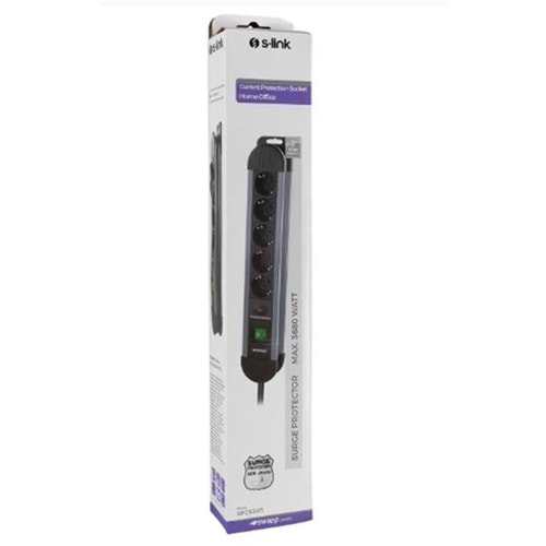 S-link SPGKS05 1.5m 3G1.5mm2 900 Joule 5Li Akım Kor. Gri Priz Çoklayıcı