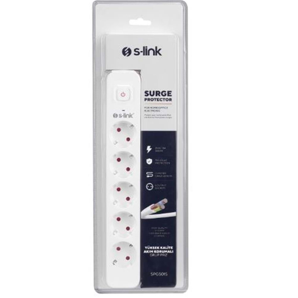 S-link SPG501S 1.5m 1.5mm 100 yüzde Bakır 750 Joule 5 li Anahtarlı Akım Korumalı Priz