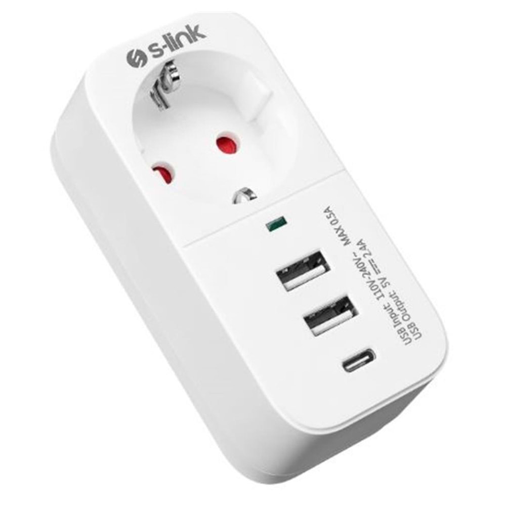 S-link SL-011 16A-250V 750 Joule 2 Usb 1 Type C 5V2.4A Akım Korumalı Tekli Priz