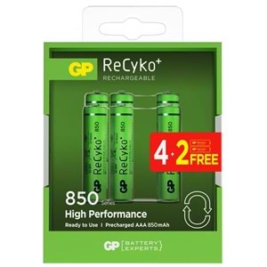 Gp AAA 850 mAh Şarjlı İnce Kalem Pil 4+2'li Paket Recyko GPHCH83BOK