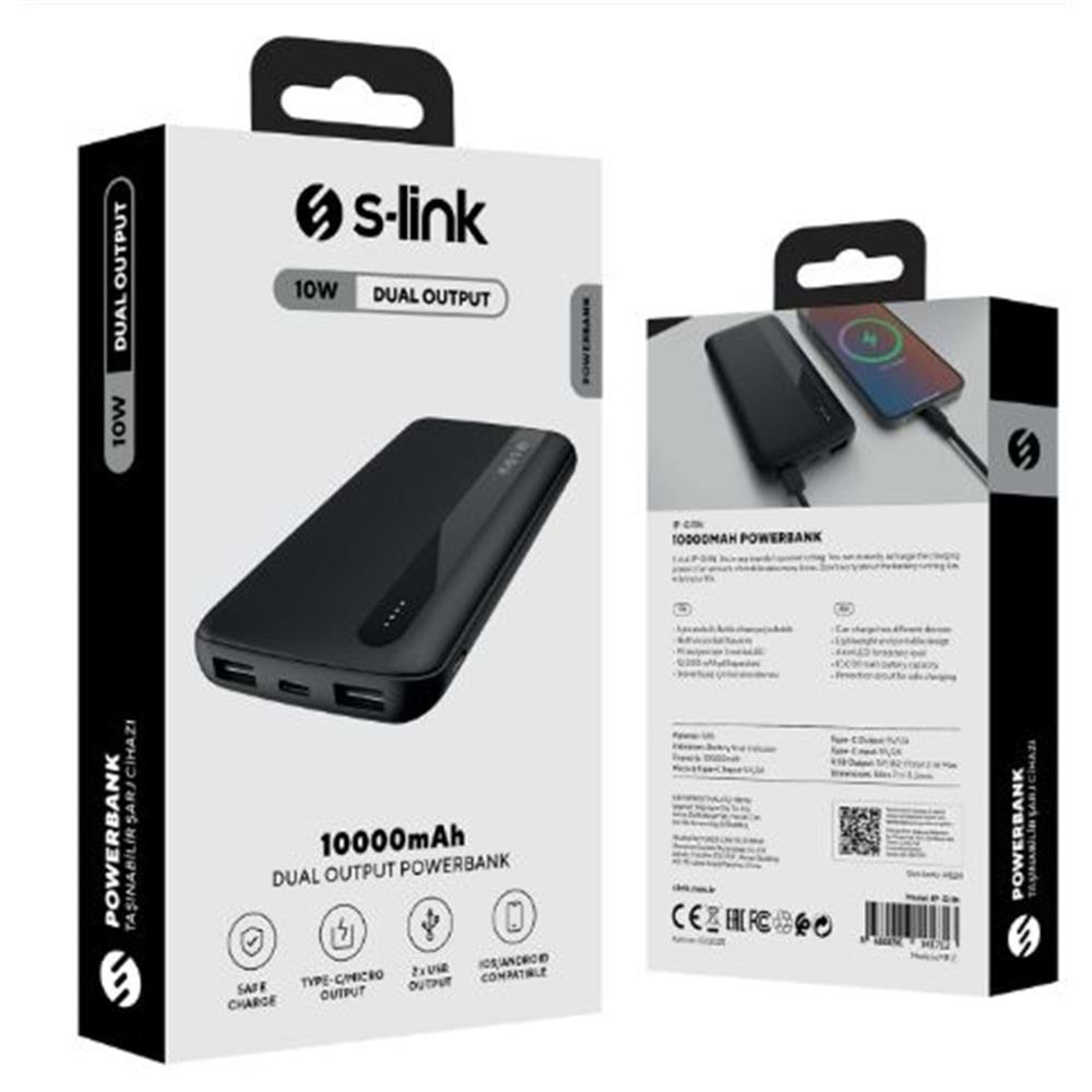 S-link IP-G11N 10000mAh Micro+Usb+ Type-C Giriş+Çıkış Siyah Taşınabilir Pil Şarj Cihazı Powerbank