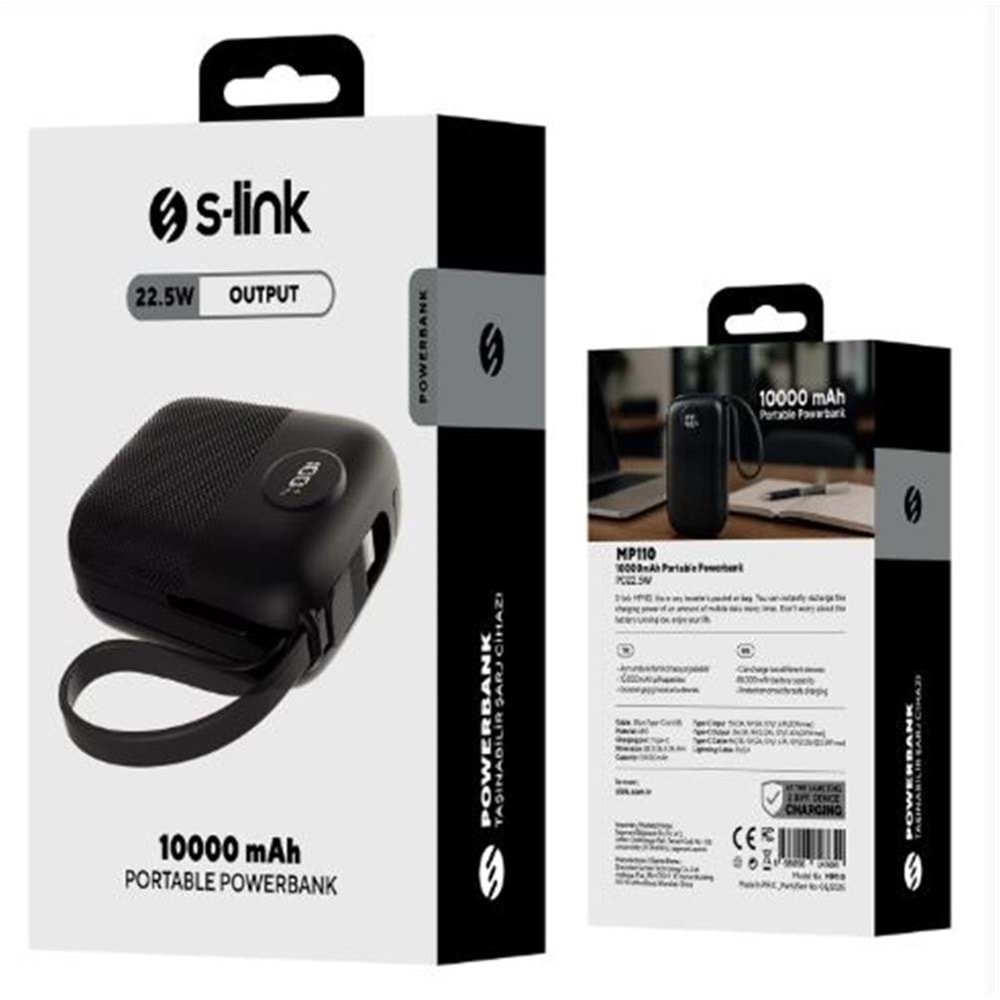 S-link MP110 10000mAh PD22.5W Type-C+Lightning Kablolu Siyah Pil Şarj Cihazı Powerbank