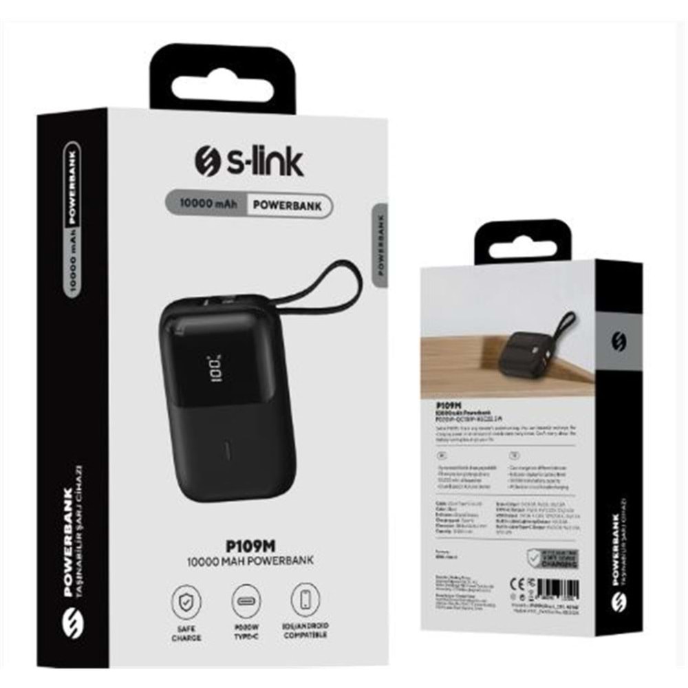 S-link P109M 10000mAh PD20W .5W Siyah LCD Taşınabilir Pil Şarj Cihazı Powerbank