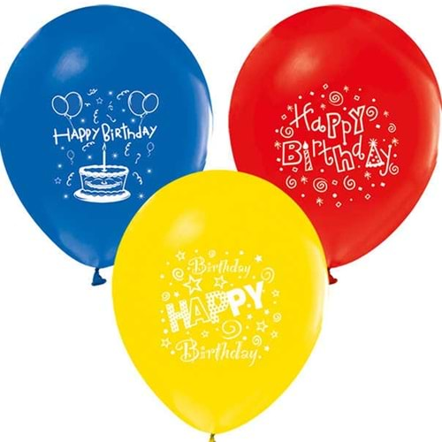 Balonevi Balon 1+1 Happy Bırthday Party Baskılı 12 İncPastel 100 Lü