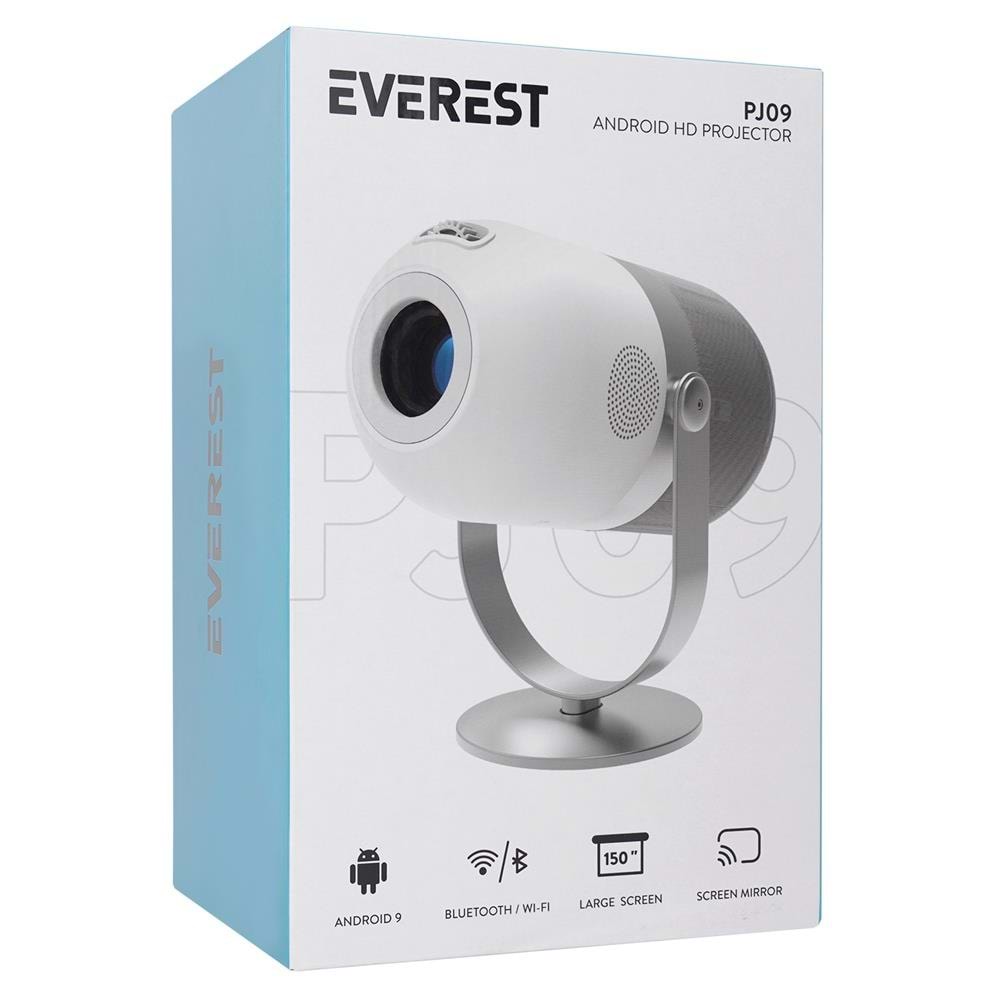 Everest PJ09 Beyaz Mini Taşı 1280-720P 4500 Lüm 150 ANSIL Android 9.0 Ekran Yansıtma HD Projeksiyon
