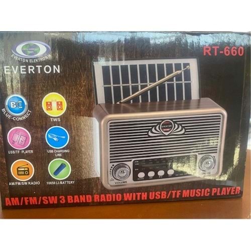 Everton Rt-660 Bluetooth Fm-Usb-Tf-Aux Şarjlı Nostaljik Radyo Solar (Güneş Panelli)