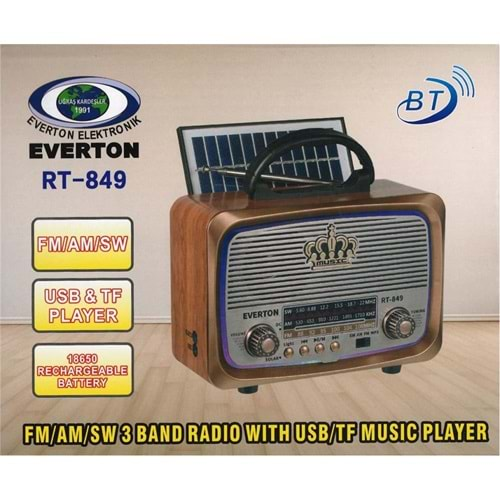 Everton Rt-849 Bluetooth Fm-Usb-Tf-Aux Şarjlı Nostaljik Radyo Güneş Panelli