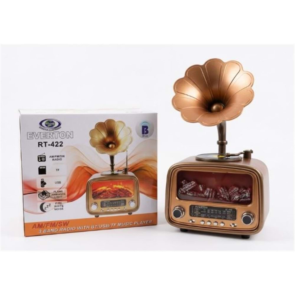 Everton Rt-422 Bluetooth Fm-Usb-Tf-Aux Şarjlı Nostaljik Radyo Gramafon (Alev Ambiyans Işığı)