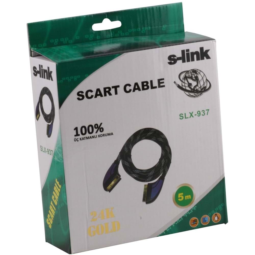 S-link SLX-937 Scart To Scart 5mt Gold Kılıflı Kablo