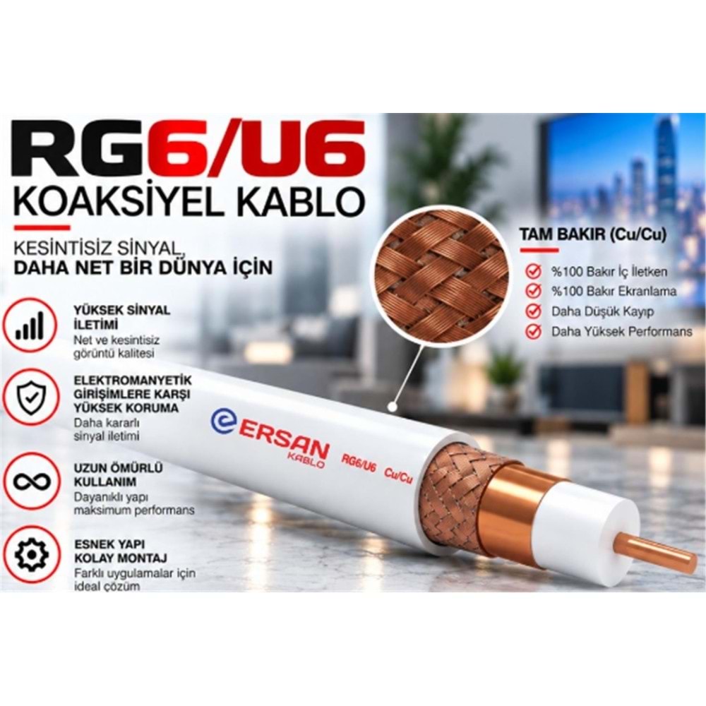 Ersan RG 6-U6 Cu - Cu Class B PVC 500 Metre Beyaz Uydu Kablosu