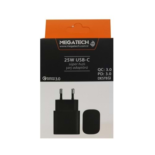 Megatech 25w Siyah USB-C Şarj Kafa QC:3.0-PD:3.0