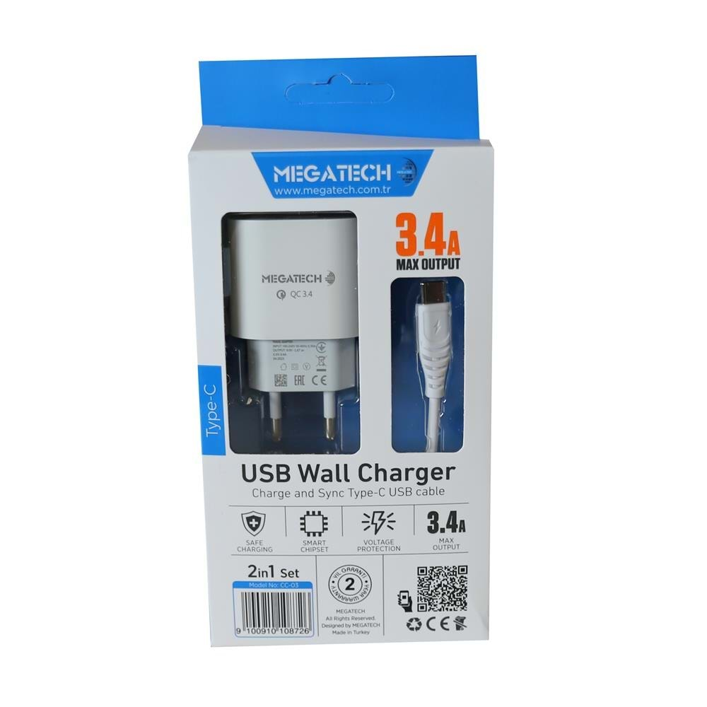 Megatech CC-03 (MT-Ct34 )3.4A Type-C Usb Kablo+ Ev Şarj Adaptör Hızlı Şarj