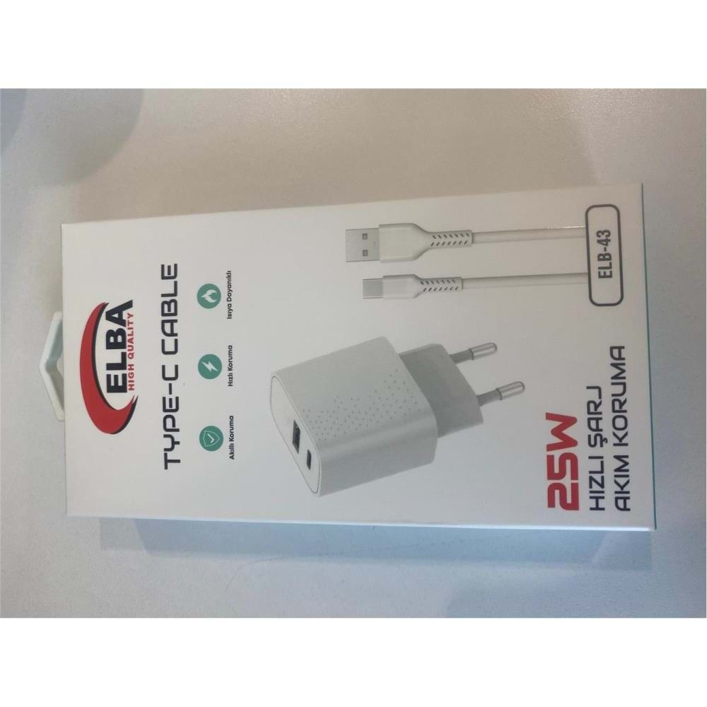 ELBA ELB-43 25W 2li USB Başlık TYPE-C Kablolu Set Hızlı Şarj Akım Koruma