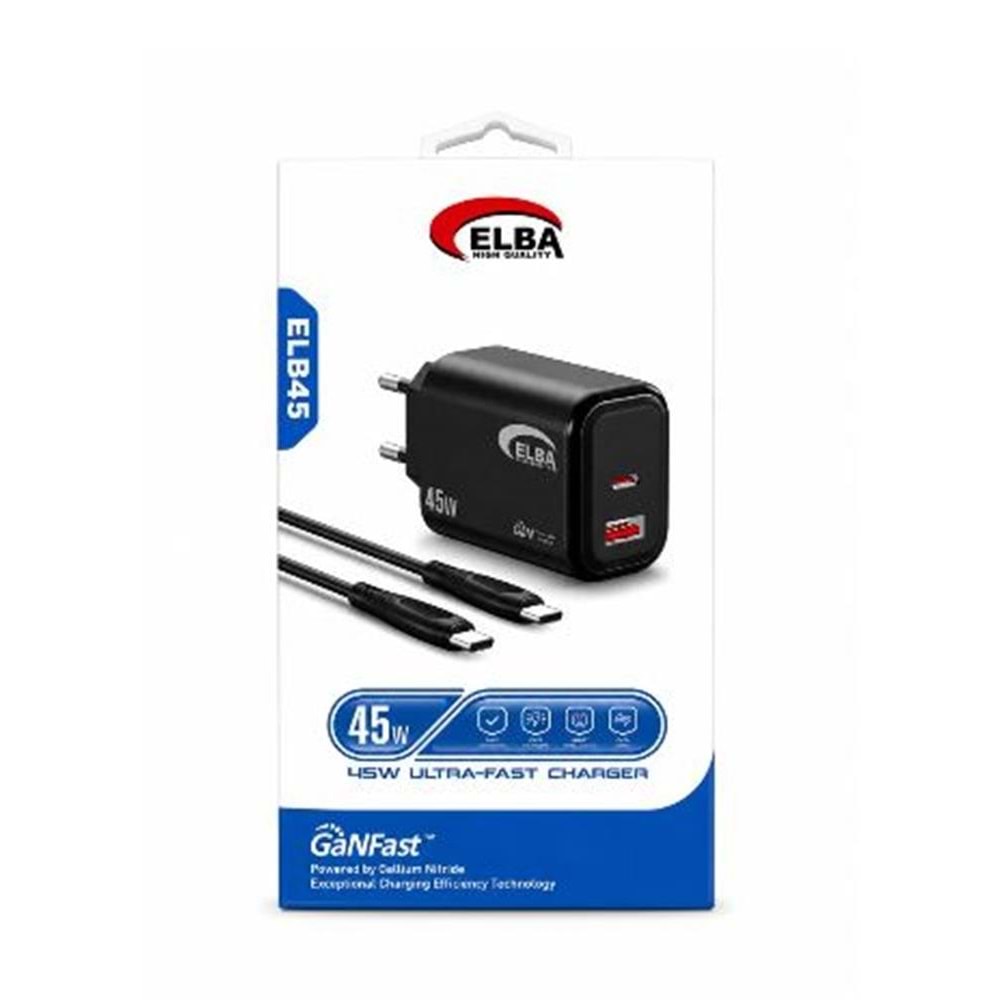 Elba ELB45 45W Siyah Ev Şarj Kafa+ Type- C To Type-C Kablo ( GANFAST Teknoloji Şarj Aleti )