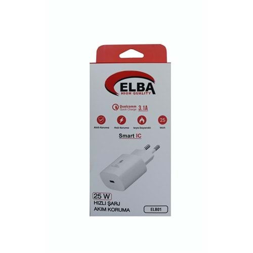 Elba ELB42 Beyaz 25W Şarj Kafa+ İphone Kablo USB-C PD3.0-QC4.0(Akım Koruma-Hızlı Şarj-)