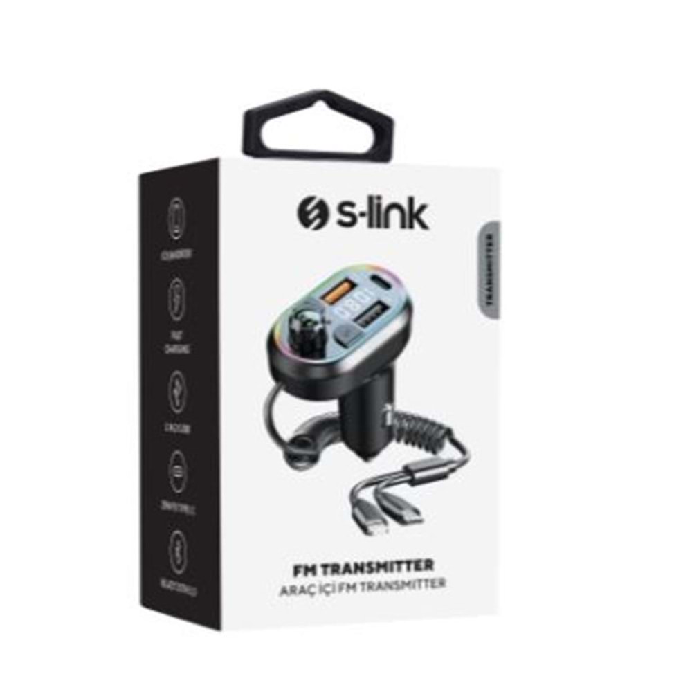 S-link SL-BT307 Çift USB 5V 3.1A-1A Led Işıklı Siyah 2 İn 1 C Port + İphone Bluetooth Fm Transmitter