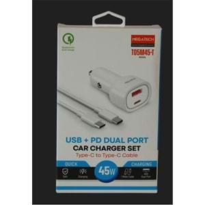 Megatech T05M45-T Beyaz 45W PD-USB Araç Çakmaklık Şarj Başlığı Hızlı Şarj(TYPE-C TO TYPE-C KABLO)