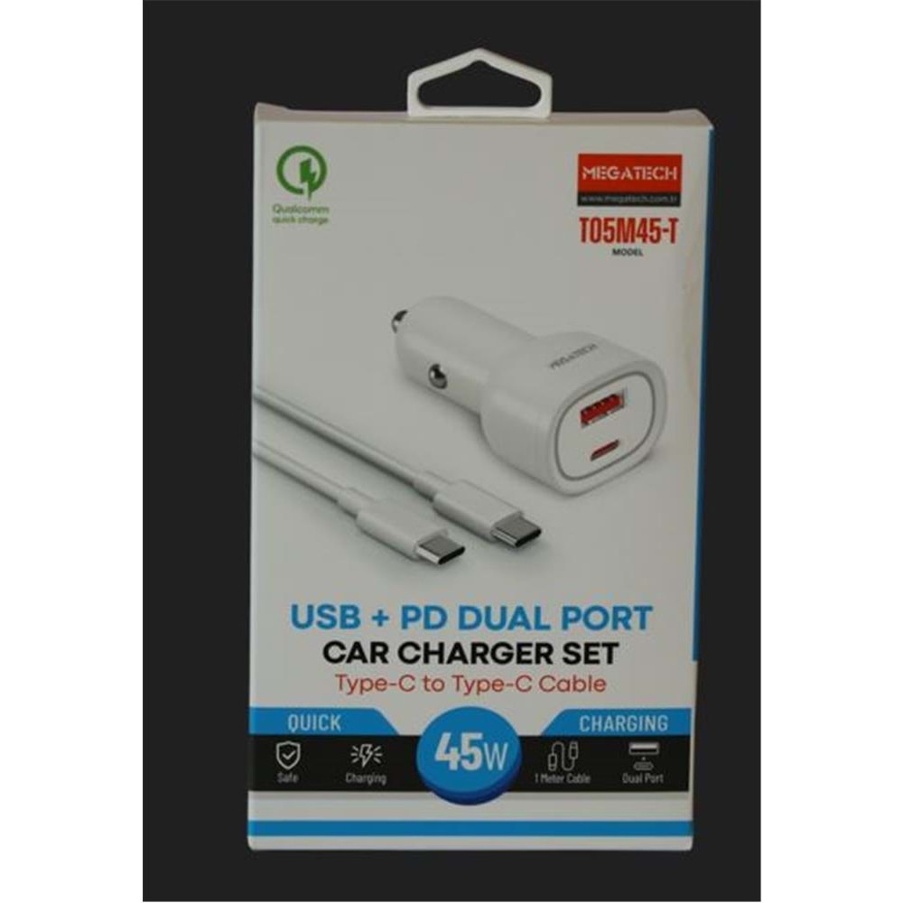 Megatech T05M45-T Beyaz 45W PD-USB Araç Çakmaklık Şarj Başlığı Hızlı Şarj(TYPE-C TO TYPE-C KABLO)